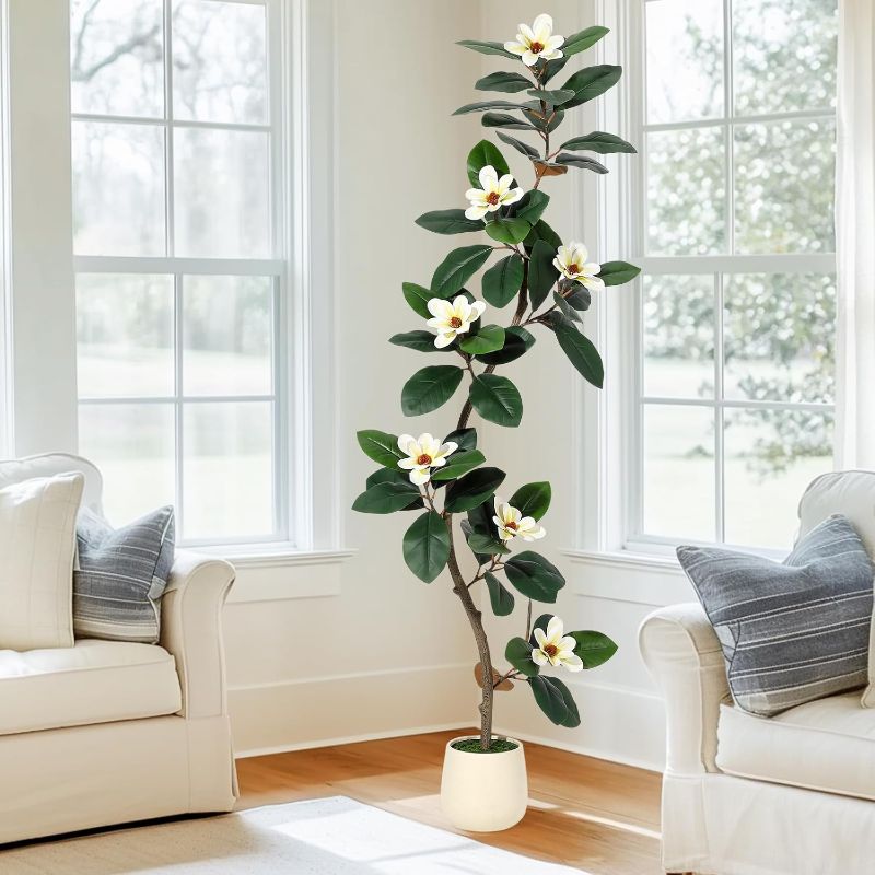 Photo 1 of Rubber Tree 6 ft Artificial Tree in White Planter Pot, Faux Plants Indoor Faux Floor Plant Artificial Plants with 7 Pcs Magnolia Flowers for Home Decor, Artificial Fiddle Leaf Fig Tree for Office
