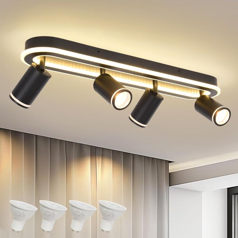Photo 1 of LED 4 Light Track Lighting Spotlight Kit, Black Ceiling Spotlights, Modern Track Light Fixture with Flexibly Rotatable Light Heads, 50W+20W Dual Lighting for Kitchen Living Room,Includes 4 x GU10 Bulb
