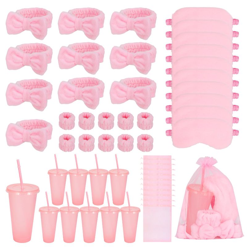 Photo 1 of 50 Pieces Spa Sleepover Party Supplies Slumber Party Supplies Include 10 Pink Headband 10 Eye Masks 10 wristbands 10 Organza Bags 10 Pink Plastic Cups Tumbler for Spa Birthday Party
