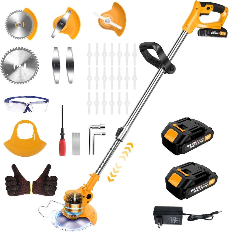 Photo 1 of 20000 RPM Electric Weed Wacker Cordless Eater, 21V Height Adjustable 6" Heavy-Duty Garden Edger Brush Cutter Cordless, Grass Trimmer Lawn Mower Trimmer with Blades, 2 Batteries, Charger (Yellow)