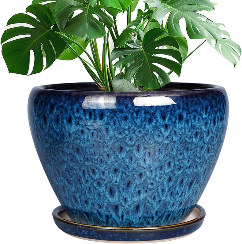 Photo 1 of 10 Inch Ceramic Planter Pot, Ceramic Plant Pot for Indoor Outdoor Plants, Large Flower Pot with Drainage Hole and Saucer, Blue
