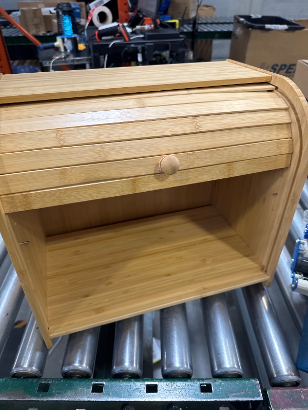 Photo 1 of FOR PARTS- FoverOne Bamboo Bread Box for Kitchen Countertop, Roll-top Breadbox Breads Storage Boxe with Adjustable Middle Shelf- READ CLERK NOTES 