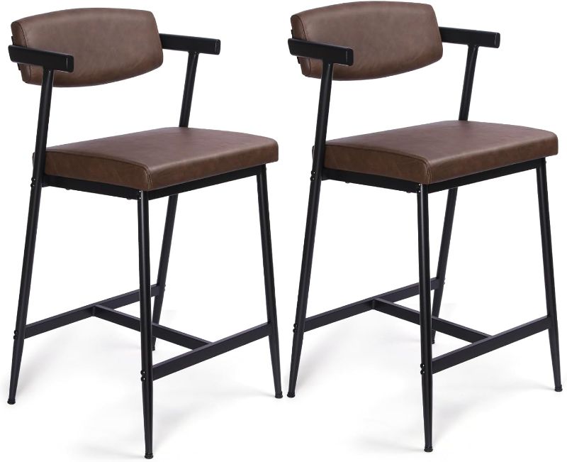 Photo 1 of Bar Stools Set of 2, Counter Height Bar Stools with Back and Arms, 26" Barstools Counter Stools for Kitchen Counter, Upholstered Bar Chairs with Backrest, Barstools for Kitchen Island, Brown
