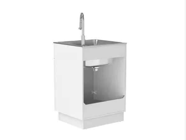 Photo 1 of 24 in. W x 21 in. D x 51 in. H Drop-In Stainless Steel Laundry Sink with Faucet and Cabinet in White