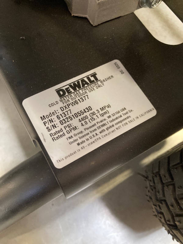 Photo 1 of DeWalt 4400 PSI 4.0 GPM Cold Water Gas Pressure Washer DXPW61377
