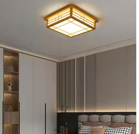Photo 1 of 13.78 in. Wood Square Japanese Style Tatami Dimmable Flush Mount Ceiling Light with Integrated LED and Remote