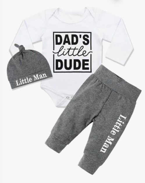 Photo 1 of Fommy Newborn Baby Boy Clothes New to The Crew Letter Print Romper+ Pants+Hat 3PCS Outfit