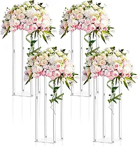 Photo 1 of  4 Pieces Tall Acrylic Vase Wedding Centerpieces Clear Flower Stand Column Geometric Floral Vase Elegant Display Holder for Birthday Party Wedding Table Decorations (20 Inch)