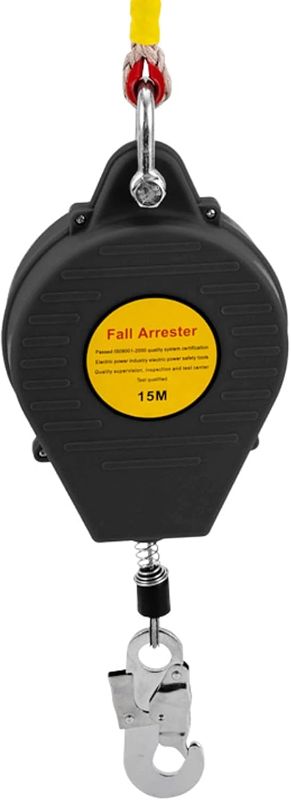Photo 1 of Self Retracting Lifeline, 330lbs Fall Arrester Fall Protection Device with 49FT Activity Scope, Steel Wire Rope, Anti-Ratchet Dual Disc Braking System for Working High Above The Ground (Black)