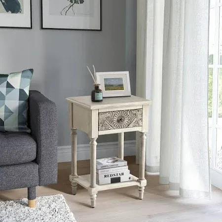 Photo 1 of COSIEST End Table with Drawer and Shelf, Vintage Nightstand - w Pattern Drawer, White Bedside Table, Accent Nightstand Organizer for Living Room, Bedroom, Easy to Assemble, Distress White