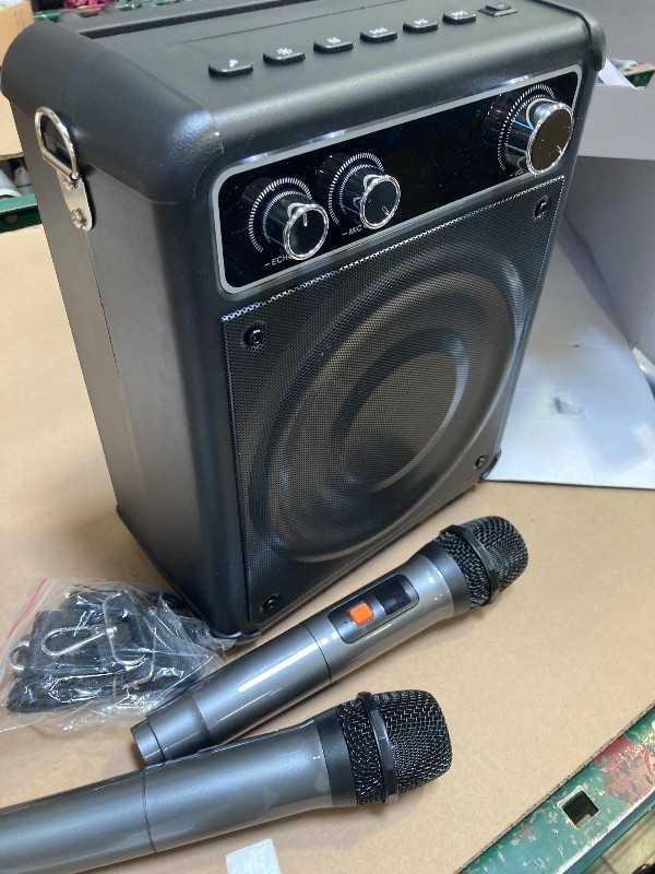 Photo 1 of VOSOCO Karaoke Machine, Portable Bluetooth Karaoke Speaker with 2 Wireless Microphones, PA System for Adults Kids with LED Lights, Supports FM/AUX/USB/TF for Home Party