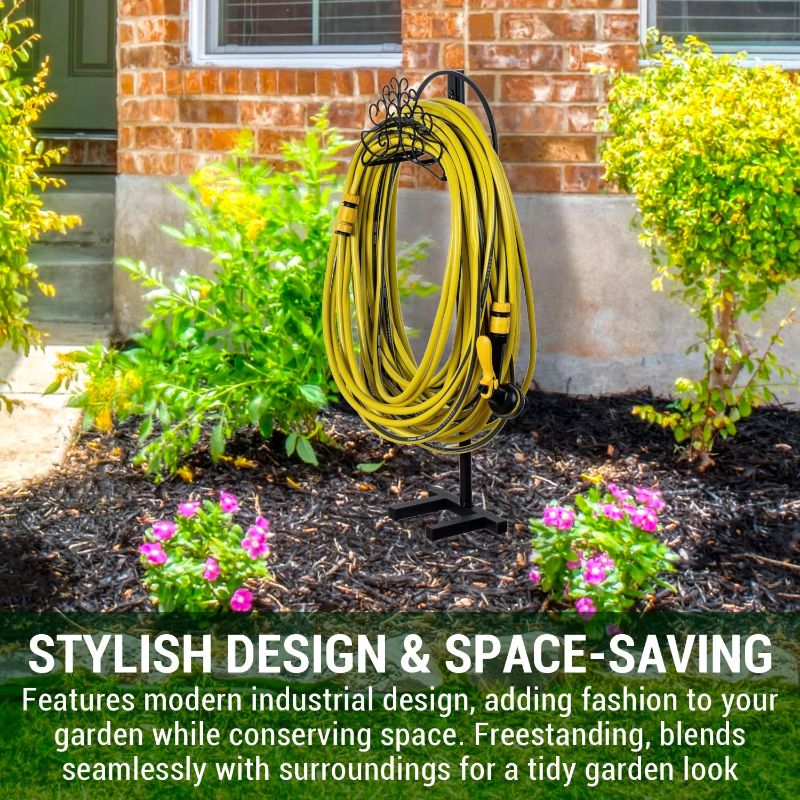 Photo 1 of  Vintage Scrollwork Design Matte Black Metal Outdoor Garden Hose Holder, 3.5 Foot Tall Freestanding Rack with Ground Yard Grass Stake Anchors