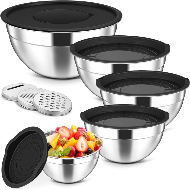 Photo 1 of  5-Piece Mixing Bowls with Airtight Lids, 3 Grater Attachments, Stainless Steel Salad Serving Bowls for Kitchen, Size 4.6, 3.5, 2.5, 2, 1.5QT Ideal for Prepping & Cooking, Black