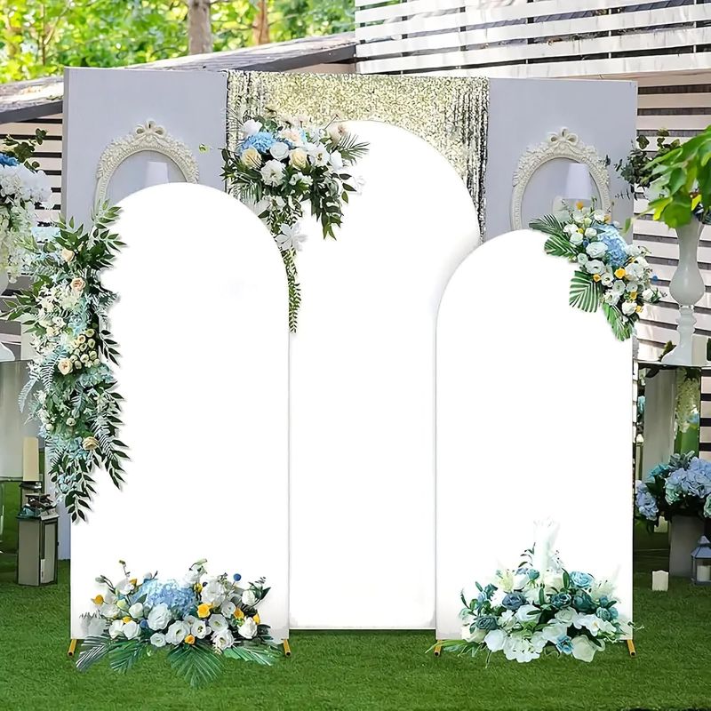 Photo 1 of Wedding Arch Backdrop Stand and Cover Set, 3 Gold Metal Arch Stands, 3 White Spandex Arch Covers for Parties, Birthdays, Baby Showers, Bridal, Banquets, Ceremonies