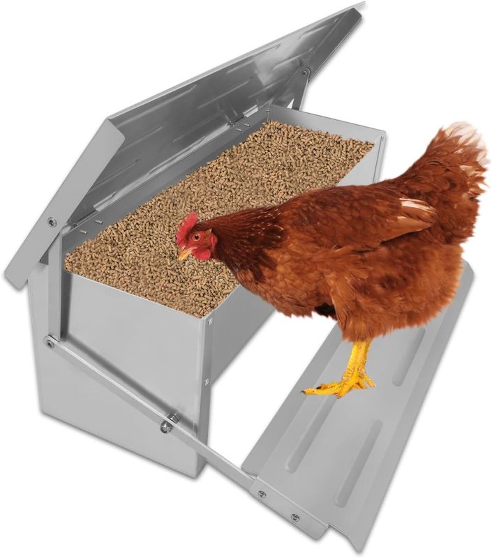 Photo 1 of Automatic Chicken Feeder Treadle, Large Poultry Feeders No Waste Stainless Steel Rat Proof, Chicken Feeder Trough with Weatherproof Lid Treadle Self-Opening for Duck Fowl
