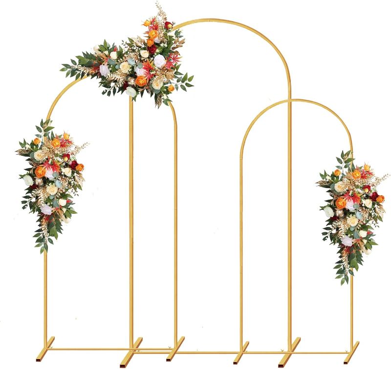 Photo 1 of PATPROPS Metal Wedding Arch Backdrop Stand,3-Piece Gold Arch Backdrop Stand for Wedding Ceremony Bridal Party Birthday Party Balloon Arch Decoration(Gold)

