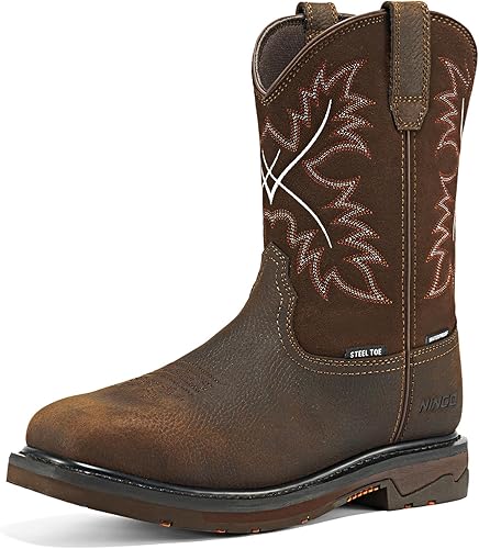Photo 1 of NINGO Mens Steel Toe Work Boots, Waterproof Square Toe Cowboy Boots for Men, Mens Slip on Safety Boots with Full-grain Leather, Oil Slip Resistant, EH Protection for Construction, Farming

