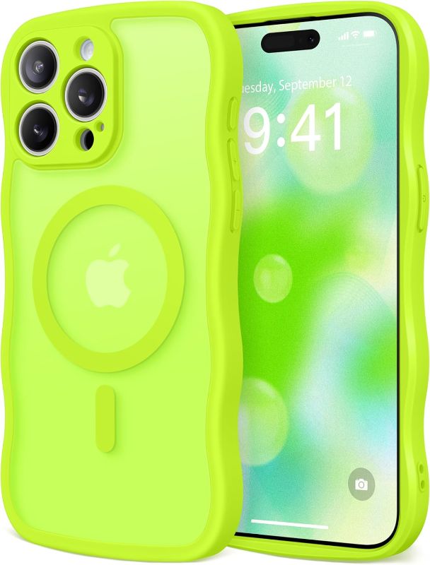 Photo 1 of CAPRARO Cute for iPhone 15 Pro Max Case, Compatible with MagSafe, [Curly Wave Edge] [Full Camera Protection] [14 FT Drop Protection] Magnetic Phone Case for 15 Pro Max 6.7 Inch, Fluorescent Green
