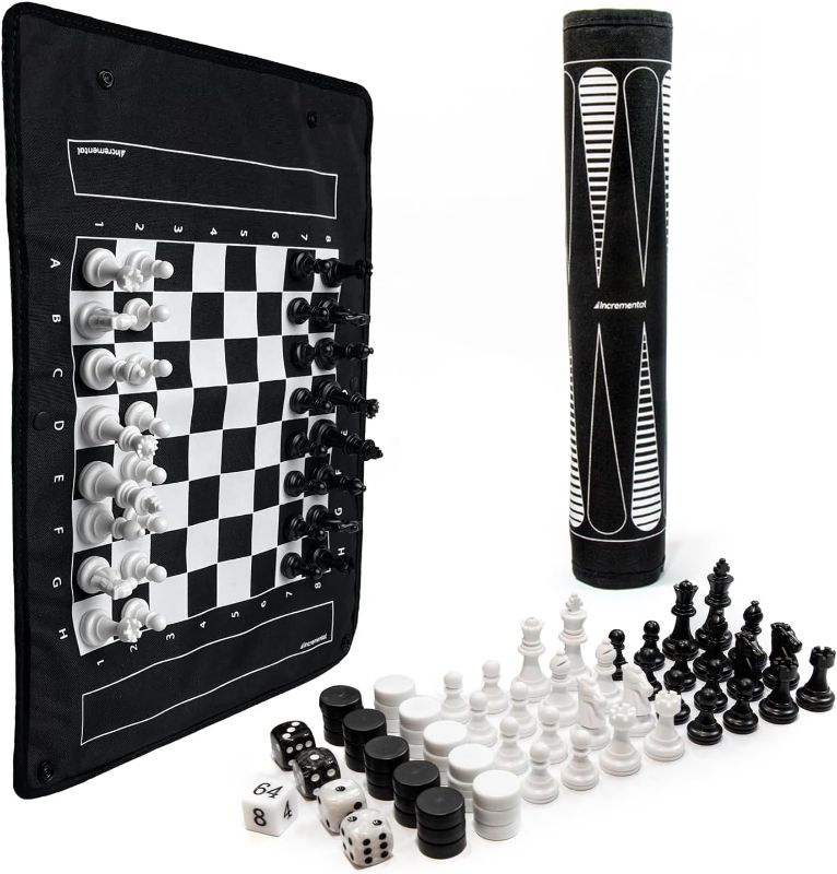 Photo 1 of MagBoard by Incremental 3-in-1 Roll-Up Magnetic Travel Games: Chess, Checkers, Backgammon
