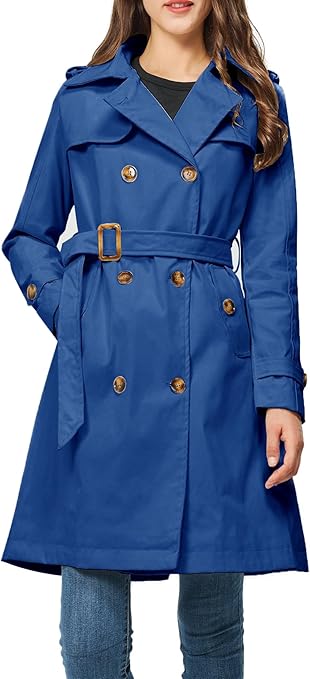 Photo 1 of Women's Trench Coat Double Breasted Classic Lapel Overcoat Belted Jacket with Detachable Hood