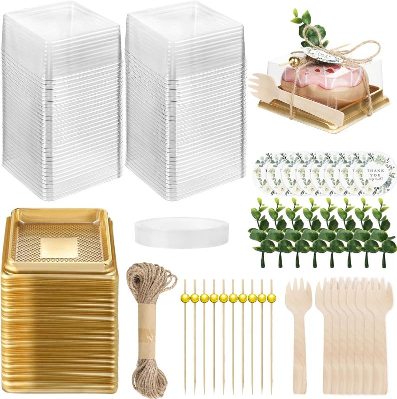 Photo 1 of 50 Sets Mini Cake Containers with Lids Charcuterie Domes with Clear Lids Square Individual Cupcake Boxes for Dessert Muffin Wedding Birthday
