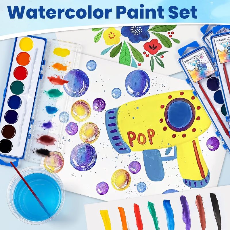 Photo 1 of 2 Pack Watercolor Paint Set, Washable Watercolor Paint Bulk for Kids, Water Color Paint with Paint Brushes, Ideal Gifts for Party Favors, School Supplies & Classroom Prizes, Art Activities, 8 Colors