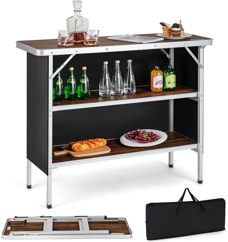 Photo 1 of Nightcore Folding Camping Table, Portable Pop-Up Patio Bar Table w/ 2-Tier Storage Shelves, Carrying Bag, Removable Cover, Aluminum Folding Picnic Table for Outdoor Picnic, BBQ, Party, Travel (Coffee)
