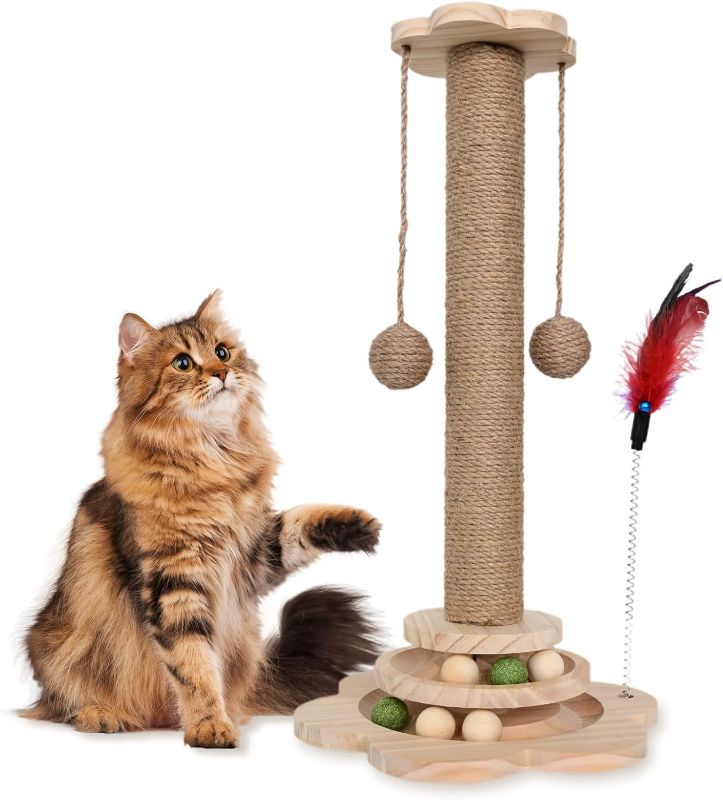 Photo 1 of Cat Scratching Post - 4 in 1 Scratching Post, Wooden Cat Scratch Post with 2 Level Sisal Balls & 2 Sisal Hanging Balls for Indoor Kittens, Gifts
