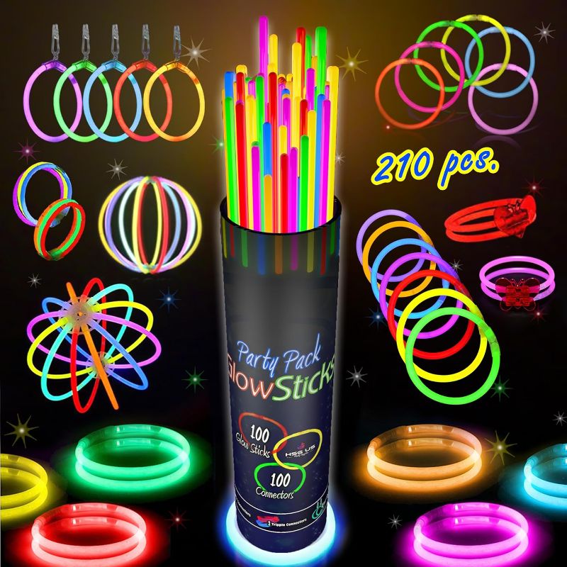 Photo 1 of Colorful Glow Sticks Party Pack - 100 8' Glow Sticks, 100 Connectors, Fun Accessories - Party Supplies - Glow The Dark Glowing Sticks Fun Party Pack with 8" Glowsticks, Connectors For Weddings plus glasses and fotons