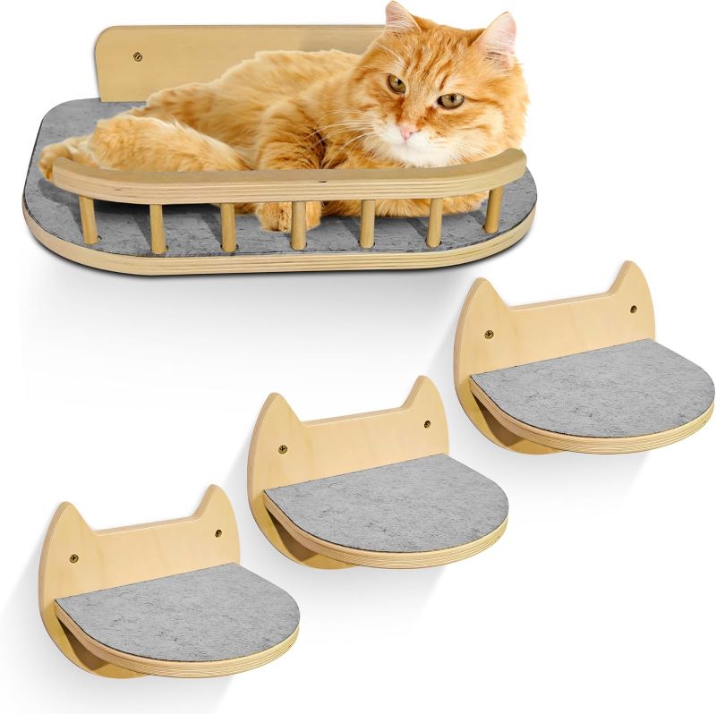 Photo 1 of Cat Wall Shelves with 3 Steps – Modern Mounted Cat Wall Furniture & Shelf, Premium Hardwood Cat Bed for Climbing, Sleeping & Lounging, Indoor Hammock for Large Cats
