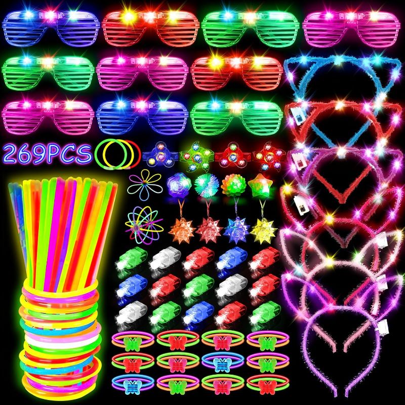 Photo 1 of Led  Toys Party Favors Glow in the Dark Party Supplies for Kid/Adults Halloween with Light Up Glasses,Rings,Fidget Spinner Bracelets,100 Glow Sticks Bulk Party Pack DIY Glow