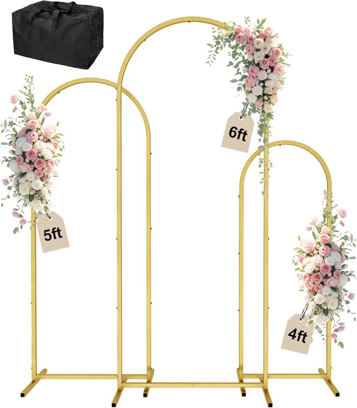 Photo 1 of 3 Pack Gold Metal Arch Backdrop Stand – 4FT 5FT 6FT Balloon Arch Frame for Weddings, Easy Assembly, Indoor Outdoor Use, with Storage Bag, Durable...