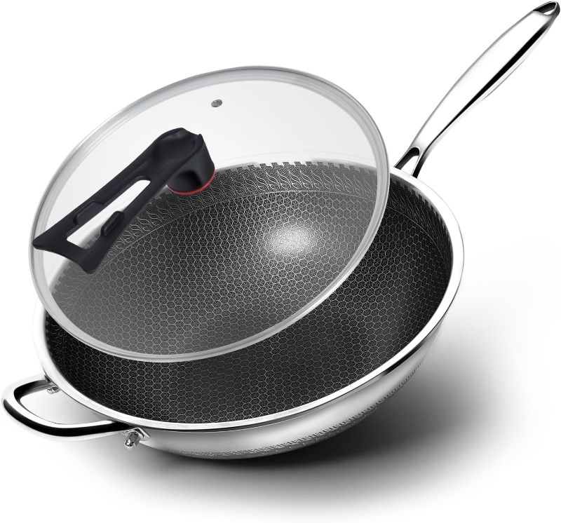 Photo 1 of WANGYUANJI Coating-Free Hybrid Stainless Steel Wok with Lid, 12.6" Flat-Bottom Stir-Fry Pan, Honeycomb Surface, Induction Compatible, Dishwasher & Oven Safe
