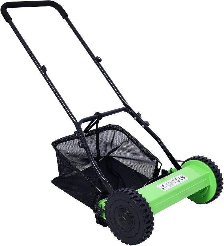Photo 1 of 14-Inch 5-Blade Push Reel Lawn Mower with Grass Catcher Walk-Behind Steel Lawn Mowers with Sponge Grip, Cutting Height Adjustment Versatile Grass Cutting (Green)
