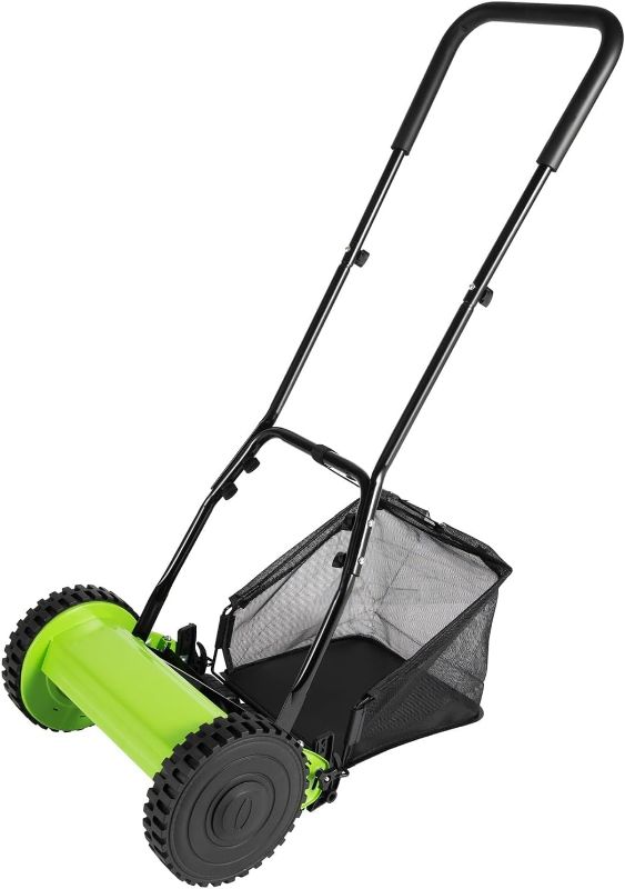 Photo 1 of 12 Inch Manual Push Reel Lawn Mower with Adjustable Mowing Height, 5 Blades and Collection Bag, Push Lawn Sweeper Grass Catcher Outdoor Power Tools for Picking up Leaves,Grass and Debris on Lawns