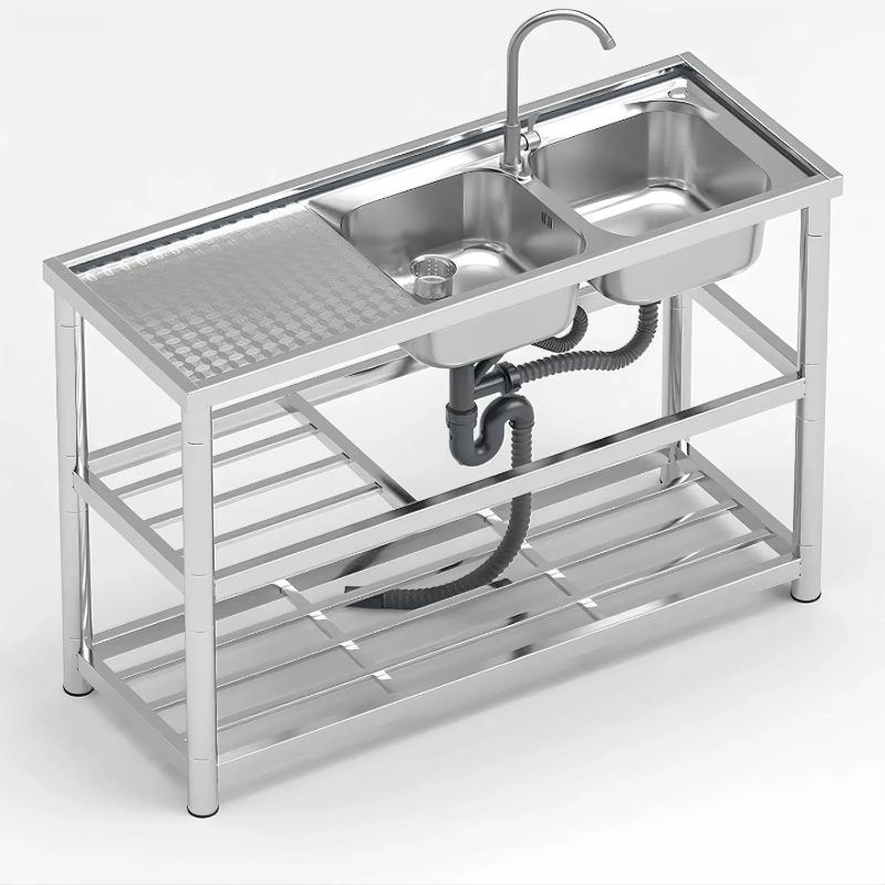 Photo 1 of 304 Stainless Steel Utility Sink, Free Standing Double Bowl Kitchen Sink, Suit for Commercial,Restaurant, Indoor & Outdoor (47 inch)