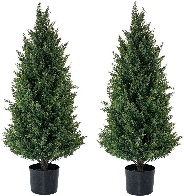 Photo 1 of Artificial Topiary Trees 3 Foot Artificial Cedar Trees UV Resistant Potted Plant Set of 2 Faux Bushes Fake Shrubs for Outdoor Indoor Front Porch Garden

