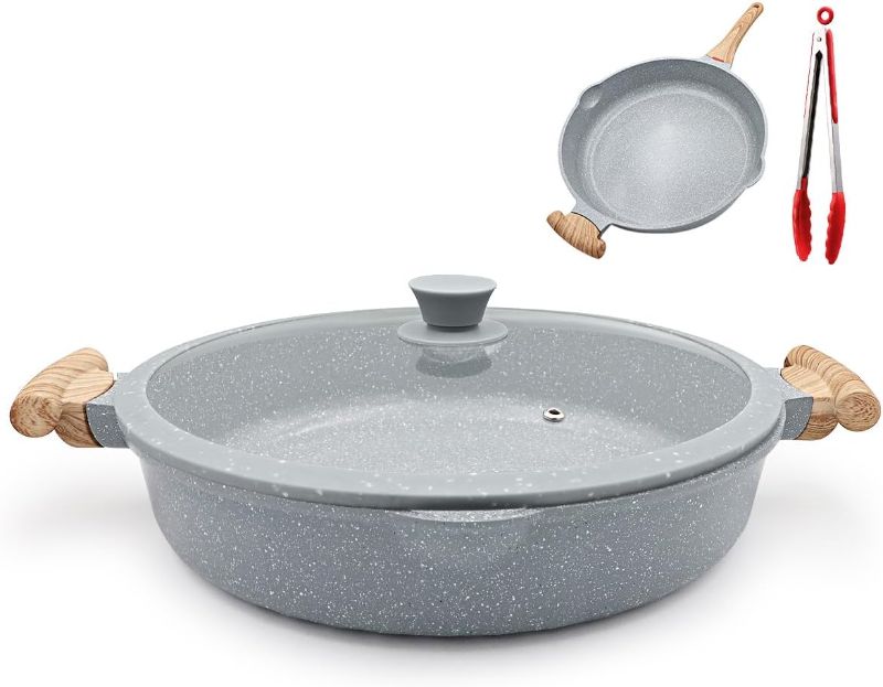 Photo 1 of 2-In-1 Ceramic Nonstick Deep Frying Pan Skillet, 12.5 Inch Saute Pan with Lid Non Toxic, PTFE & PFOA Free, Compatible with All Stovetops- Blue