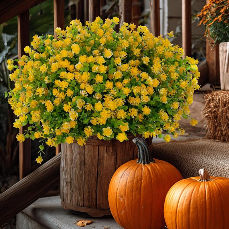 Photo 1 of Artificial Flowers Outdoor Fake Plants -UV Resistant No Fade Faux Plastic Greenery Boxwood Shrubs Home Garden Porch Patio Decoration (Yellow)