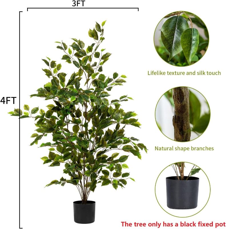 Photo 1 of Artificial Ficus Tree Indoor 4ft, Large Potted Faux Tree with Realistic Silk Leaves & Trunk for Home Office, Living Room Corner Decor
