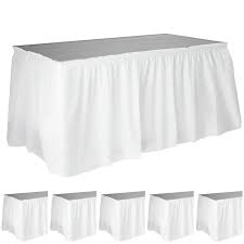 Photo 1 of 12 pk White Table Skirts for Rectangle Tables Polyester Pleated Table Skirt Desk Skirts Ruffle Table Skirt Tablecloth for Wedding Birthday Party Baby Bridal Shower Banquet Table Decoration 6ft
