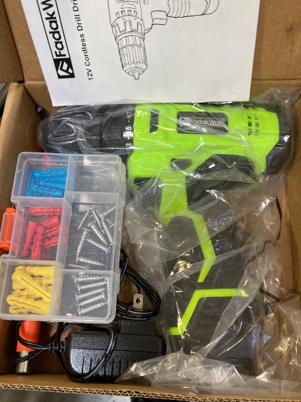 Photo 1 of FADAKWALT Cordless Drill Set,12V Power Drill Set with Battery and Charger, Electric Driver/Drill Bits, 3/8'' Keyless Chuck,21+1 Torque Setting, 180 inch-lbs, with LED Electric Drill Set (Green)