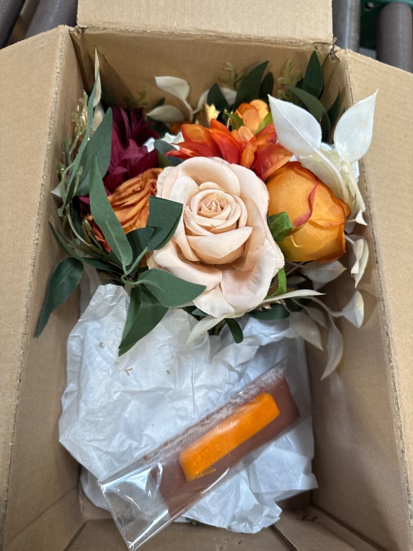 Photo 1 of Rinlong 12.5 Inch Fall Wedding Bouquets for Bride Burnt Orange Bridal Bouquet for Wedding Artificial Terracotta Bouquets Boho Silk Flowers for Wedding Ceremony