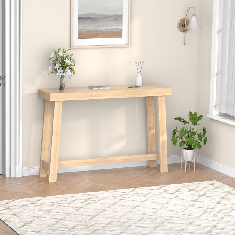 Photo 1 of Bamboo Wood Entryway Table 47.2" Console Table, Narrow Sofa Table with Support Beam for Entrance, Hallway, Living Room, Bedroom, Foyer(Natural)
