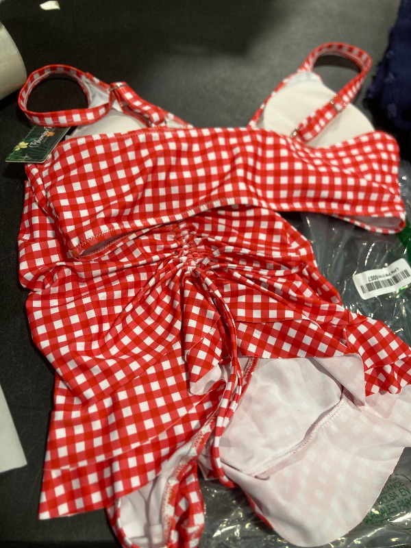 Photo 1 of Blooming Jelly Women's High Waisted Bikini Sets Tummy Control Swim Skirt Two Piece Swim Suit 2025 Retro Swimsuit(Red White Plaid, Large)