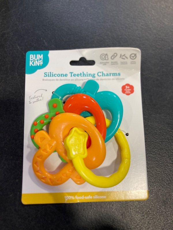 Photo 1 of Bumkins Baby Teething Freezer Toy Keys Rings, Soft Flexible Pacifier to Chew, Cool Teether Gum Relief, Babies 3 Months, Freezable Platinum Silicone, Sensory Bracelet with Charms, Orange and Gray