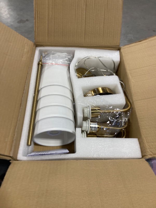 Photo 1 of AMZASA Antique Brass Gold Chandelier with Shades, Electroplated Finish, 5 Light Modern Farmhouse Chandeliers with White Fabric Shade, Linear Island Chandelier Lights for Dining Room,Kitchen,Foyer