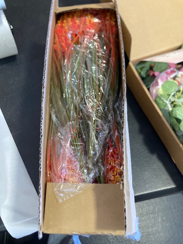 Photo 1 of 20 Bundles Artificial Plants Outdoor Fake Monkey Grass with Flowers (Fall Red)