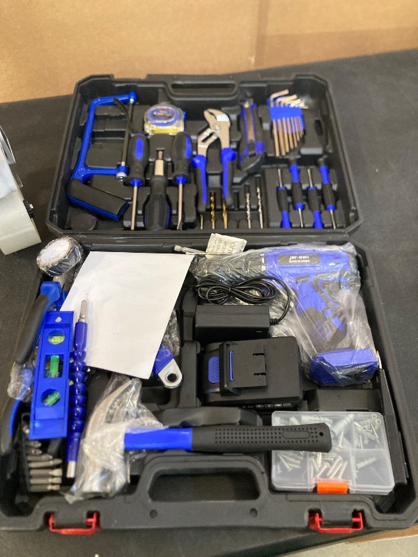 Photo 1 of 112 Piece Power Tool Combo Kits with 21V Cordless Drill, Professional Household Home Tool Kit Set with DIY Hand Tool Kits for Garden Office House Repair Maintain-Blue