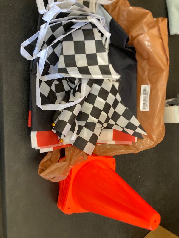 Photo 1 of 38 Pcs Checkered Flag Party Supplies, Catcan Race Car Party Decorations Include 24P Racing Checkered Flags Hand Held 12P Traffic Cones 1 Hanging Pennant 1 Racetrack Floor Running